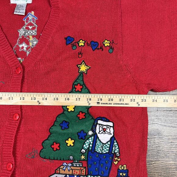 Quacker Factory Sweater Womens Large Red Christmas Tree Santa Cardigan Ugly - Picture 7 of 11